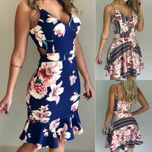 Women's Boho Floral Summer Dress Party Evening Beach Sleeveless Sexy V neck Short Mini Dress Sundress 2024 - buy cheap