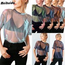 Camiseta de malla transparente para mujer, Top corto de manga corta con cuello redondo, Sexy, encantador, nueva moda 2018 2024 - compra barato