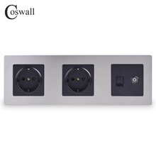 COSWALL-Panel de acero inoxidable con enchufe doble de pared, toma de corriente europea de 16A + conector hembra de TV con puerto de Internet RJ45 CAT5E, color plateado y negro 2024 - compra barato