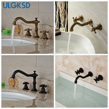 ULGKSD Antique Brass Bathroom Sink faucet Dual Handle Wall or Deck Mount Basin Faucet Cold and Hot Water Mixer Tap 2024 - buy cheap