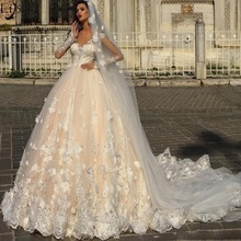 Vestido de noiva simples com mangas compridas, vestido 3d floral elegante de casamento, apliques de renda, 2018 2024 - compre barato