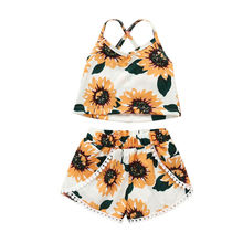 Conjunto de ropa para bebé de 1 a 4 años, chaleco sin mangas de girasol, Tops, pantalones cortos con borlas 2024 - compra barato