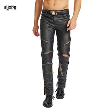 Idopy Steampunk DJ Skinny Mens Faux Leather PU Black Joggers Party Night Club Biker Pants For Men Boys With Knee Gold Zippers 2024 - buy cheap