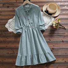 2019 Autumn Spring Women Elegant Dress Bow Collar Cute Plaid Vintage Female Elbise Leisure Korean Sweet Mori Girl Ruffles Dress 2024 - buy cheap