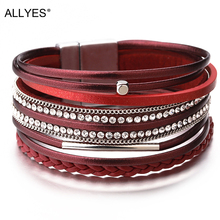 Pulseira de couro trançada feminina allyes, bracelete amplo, de cristal, com pingente multicamadas, para mulheres 2024 - compre barato
