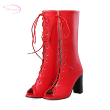Dentingyee sandálias femininas confortáveis, sapatos de verão com cadarço, bege, vermelho e preto, sapatos grossos para mulheres 2024 - compre barato