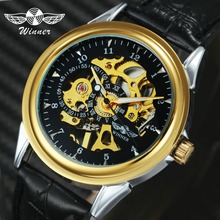 WINNER Official Fashion Men's Automatic Watches Top Brand Luxury Golden Skeleton Mechanical Watch Men Leather Band Wristwatches 2024 - buy cheap