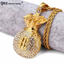 Hip Hop Men Bling Iced Out CZ US Dollar Purse Bag Pendant Necklace Rhinstone Sybol Cool USD Money Bag Shape Jewelry For Gifts 2024 - buy cheap