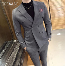 ( Jacket + Pants ) Men's Fashion Boutique Solid Color Three-breasted Formal Business Suit / Groom Wedding Dress Mens Suit 2024 - buy cheap