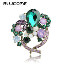 Blucome Vintage Green Water Drop Crystals Flower Shape Brooches Women Lady Party Dress Suit Hat Accessories Gold Color Brooch 2024 - buy cheap