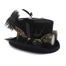 4Color Women Men Wool Handmade Steampunk Top Hat With Steam Punk Glasses Gear Feather Fedora Party Hat 4 Size 13.5CM 2024 - buy cheap