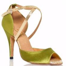 Professional Discount Satin Latin Dance Shoes Woman Popular Green Mid High Heels Tango Salsa  Ladies Women 2024 - buy cheap