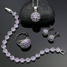 Conjuntos de joyas de plata 925 para mujer, con forma de fútbol, pendientes de tuerca de circonita cúbica púrpura, anillo colgante, pulsera, collar, conjuntos de plata 2024 - compra barato