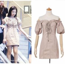 kpop Korean Celebrity streetwear Khaki lace-up one word collar dress women korean kawaii puff sleeve sexy dresses female clothes 2024 - buy cheap