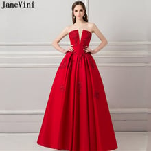 JaneVini 2019 encantadores vestidos largos de dama de honor de línea A rojos sin tirantes, aplicaciones de encaje con cuentas sin espalda satén mujeres vestidos de fiesta de graduación 2024 - compra barato