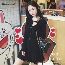 2018 Solid Pleated Dress Women Autumn Black Pink Full Sleeve O-neck Knitting Casual Elegant Club Dress Korean Party Mini Dresses 2024 - buy cheap