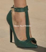 Новый дизайн, женские модные туфли-лодочки на шпильках с острым носком и металлической пряжкой, цвета: зеленый, винно-красный, с Т-образной застежкой, официальная обувь на высоком каблуке под платье 2024 - купить недорого