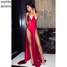 Vestido de noite vermelho, atraente, de cetim, com divisão lateral, vestido formal, vestido de baile, tamanho grande, 2021 2024 - compre barato