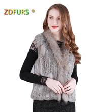 ZDFURS * New classic women natural real rabbit fur vest  raccoon fur collar trim  fur waistcoat/jackets Knitted Rabbit Fur Gilet 2024 - buy cheap