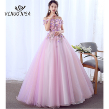 VLNUO NISA High Quality Luxury Pink Long Evening Dress Sweet Beading Flowers Embroidered Boat Neck  Party Prom Solo Show Gown 2024 - buy cheap