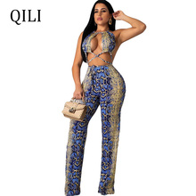 QILI Women Summer Sexy Backless Jumpsuits Romper Snake Print Lace UP Jumpsuit 2 Piece Set Top + Pants 2024 - buy cheap