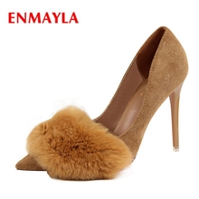 ENMAYLA New arrival lady pointed toe flock lip-on high heel pumps women faux fur fashion high heels size 34-39 ZYL490 2024 - buy cheap