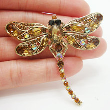 Broche de pájaro de libélula de tono dorado Vintage Retro, broche de cristal marrón de diamantes de imitación 2024 - compra barato