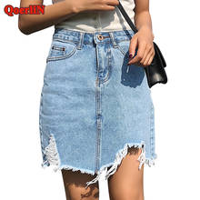 QoerliN Vintage Ripped Sexy Short Mini Jeans Skirts Girls 2018 High Waist Hole Tassel Fashion Summer Women Denim Skirt Plus Size 2024 - buy cheap