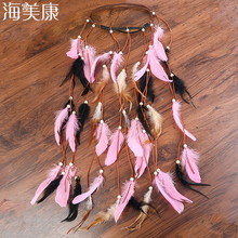 Haimekang-Cuerda de plumas para mujer, corona con costuras bohemias, Bicolor, Festival elástico, gitano, accesorios para el cabello, diadema 2024 - compra barato