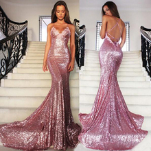Rose Pink Glitz Sequined Mermaid Prom Gowns 2018 Spaghetti Strap Sexy Backless Sweep Train Formal Dress Women Evening Party Gown 2024 - buy cheap