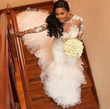 Heavy Pearls Crystal Beading Luxury Train African Mermard Wedding Dresses Long Sleeve Lace Appliques Lace Wedding Dress W0383 2024 - buy cheap