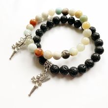 Pulseira com contas redondas amazonita, bracelete prateado tibetano com pingente de asas de anjo, fada, preta 2024 - compre barato