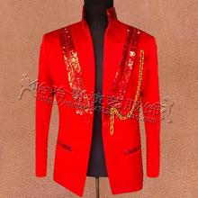 Ternos masculinos vermelhos com lantejoulas, trajes masculinos para palco, jaqueta dos cantores, blazer masculino, vestido de estilo star de dança, punk 2024 - compre barato