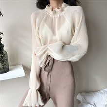2019 NEW Korean Vintage Fashion Blouse  Spring Newly Stand Collar Women Shirts Puff Sleeve Patchwork Pleated Blusas 2024 - buy cheap