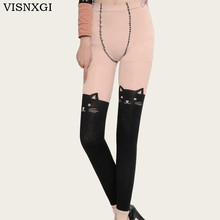 VISNXGI Fashion Casual Warm Velvet Winter Printed Cat Legging Women Knitted Wool Thick Slim Women Super Elastic Contrast Leggins 2024 - buy cheap