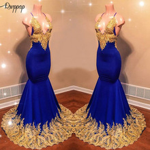 Vestido largo de fiesta de satén azul real con tirantes de sirena, vestido de encaje dorado, brillante, 2021 2024 - compra barato