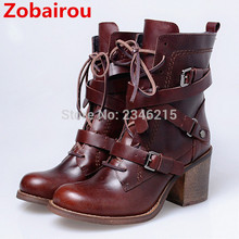 Zobairou  Botas mujer fashion high heels lace up western cowboy boots combat punk biker boots shoes woman rain boots 2024 - buy cheap