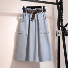 Falda Midi de algodón con cinturón para mujer, falda informal hasta la rodilla, cintura alta, falda para el sol, primavera 2019 2024 - compra barato