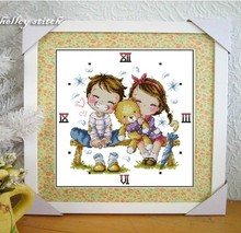 Gold Collection Counted Cross Stitch Kit Clock Cute Couple with Bear Little Girl and Boy Korean Cuties SO 2024 - buy cheap