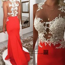 Robe de Soiree Elegant Red Long Formal Evening Dresses Gowns White Lace Mermaid Prom Dress 2017 Pearls Beaded See Through 2024 - buy cheap