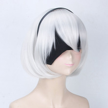 NieR Automata-peluca y gorro para Cosplay YoRHa 2B, pelo corto, plateado y blanco, para disfraz 2024 - compra barato