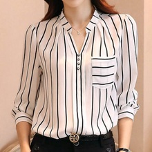 2015 Autumn New fashion shirts, women's v-neck stripped long sleeve blouse tops,  ladies plus size white black casual shirt 2024 - buy cheap