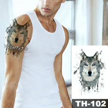 Pegatina de tatuaje temporal a prueba de agua, tatuaje falso prediseñado con diseño de lobo genial, ojos azules y grises, transferencia al agua, arte corporal de animal salvaje 2024 - compra barato