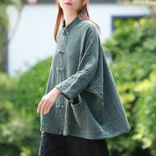 Camisa vintage com gola alta manga longa, blusa preta e vermelha em estilo chinês para áreas externas 2024 - compre barato
