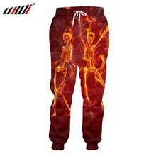 Ujwi calças de moletom com estampa 3d, calças masculinas divertidas e brilhantes, preta, vermelha, criativa, de dança, chamas, caveiras, para homens 2024 - compre barato