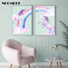 Pôsteres e impressões de parede para crianças, arte fofa de unicórnio rosa, pintura em arco-íris, aquarela, pegasus, estilo nórdico, decoração de quarto de criança 2024 - compre barato