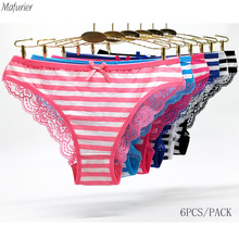 Mafurier Free Shipping New Arrival Women's Striped Cotton Panties Female Sexy Transparent Lace Briefs Underwear Bikini 6Pcs/Lot 2024 - buy cheap