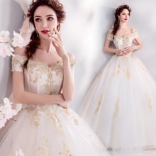 Vestidos de casamento de marfim com apliques dourados, longo comprimento, manga curta, fora do ombro, laço, linha a, vestidos de noiva, venda imperdível 2024 - compre barato