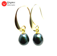 Qingmos-pendientes de Perla Negra Natural para mujer, aretes de 7-9mm, Perla Negra y color dorado, pendientes de gancho colgantes, joyería, Ear568 2024 - compra barato