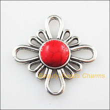 New 6Pcs Retro Tibetan Silver Color Flower Red Stone Charms Connectors 31mm 2024 - buy cheap